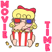 a cartoon of a girl wearing 3d glasses eating popcorn with the words movie time below her