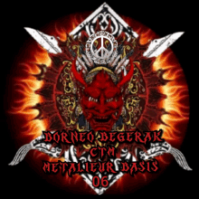 a logo for borneo begerak with a red oni mask