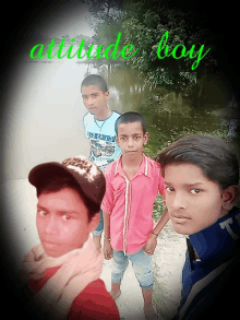 a group of young boys are posing for a picture with the word attitude boy in green letters