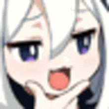 a cartoon girl with white hair and purple eyes is making a funny face .