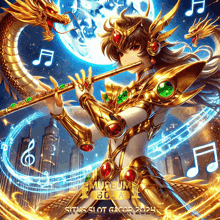 a poster of a girl playing a flute with a dragon in the background