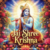 a painting of krishna playing a flute with the words " jai shree krishna " above him