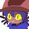 a pixel art of a person wearing a hat with yellow eyes