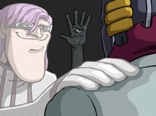 a cartoon drawing of a man with pink hair and a hand with a face on it