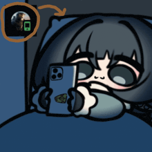 a cartoon of a girl laying in bed looking at a cell phone
