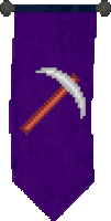 a purple banner with a pixel art of a pickaxe on it