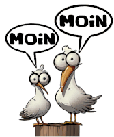 two seagulls are standing next to each other with a speech bubble saying moin