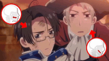 a couple of anime characters are standing next to each other with a red arrow pointing to their brains
