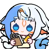 a cartoon drawing of a girl with blue and white hair reading a book