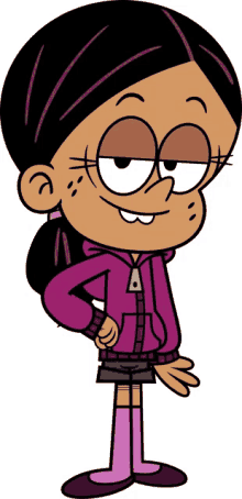 a cartoon character from the loud house is wearing a purple jacket and shorts