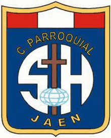 the logo for c. parroquial jaen is a shield with a cross and globe on it .