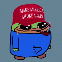 a cartoon frog wearing a hat that says make america awoke again