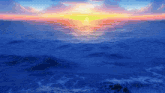 a sunset over the ocean with waves crashing on the shore