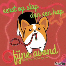 a picture of a dog on a leash with the words fijne avond