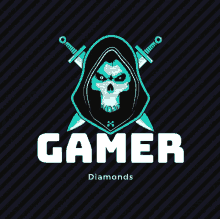 a logo for gamer diamonds shows a skull in a hood with crossed swords