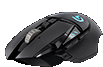 a black wireless gaming mouse with a blue logo on it is on a white background .