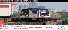 a picture of a train with the words know your q trains n train is better below it