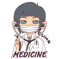 a cartoon of a doctor with a stethoscope and the word medicine behind him