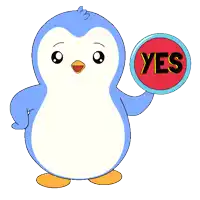 a cartoon penguin is holding a red yes sign