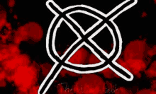 a drawing of a cross in a circle on a red and black background .