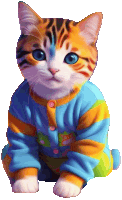 a cat with blue eyes is wearing a blue and yellow pajama set