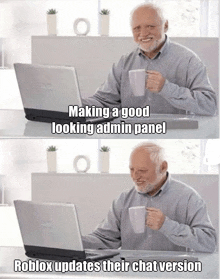 an older man is sitting at a desk with a laptop and a cup of coffee and making a good looking admin panel