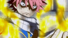 a close up of a fairy tail character with pink hair holding a sword .