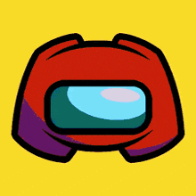 a red among us character with a purple and blue helmet on a yellow background