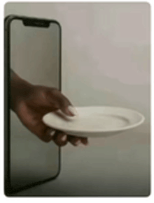 a person is holding a plate in front of a cell phone screen .