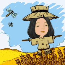 a cartoon of a woman dressed as a scarecrow holding a stick