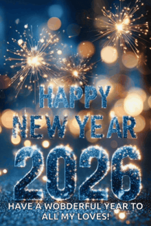 a happy new year 2026 card with fireworks behind it