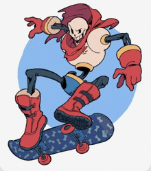 a cartoon drawing of papyrus riding a skateboard with bones on it