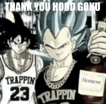 a cartoon of goku and vegeta with a bottle of hennessy