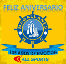 a blue and yellow logo with the words feliz aniversario on top