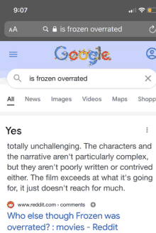 a phone screen shows a google search for " is frozen overrated "