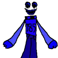 a pixel art drawing of a blue cartoon character with a big smile on his face and arms .