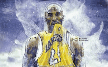 a painting of a basketball player wearing a yellow jersey with the number 21 on it .