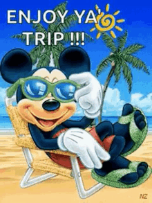 mickey mouse is wearing sunglasses while sitting in a beach chair .