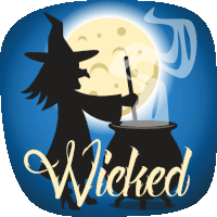 an illustration of a witch stirring a cauldron with the word wicked written below her