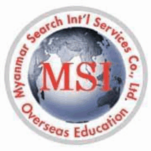 the logo for msi myanmar search services overseas education is a globe with the word msi in red .