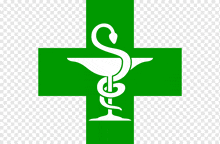 a green cross with a caduceus and snake in it