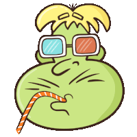 a cartoon character wearing 3d glasses is drinking through an orange striped straw