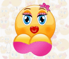 a female smiley face with big breasts and a bow on her head .