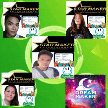 a collage of star maker entertainment cards with a smiley face on them