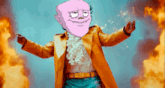a cartoon character in a yellow coat is standing in front of fire