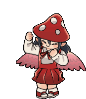 a girl with wings and a red mushroom hat