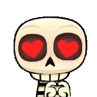 a cartoon skeleton with red heart shaped eyes .