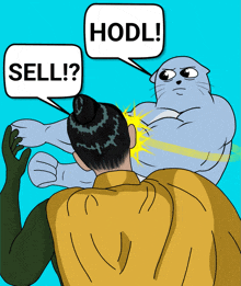 a cartoon of a man and a cat with speech bubbles that say sell and hodl