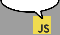 a white speech bubble with a yellow square with the word js on it