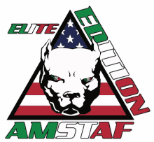 a logo for elite evolution amstaff with a pitbull in the middle